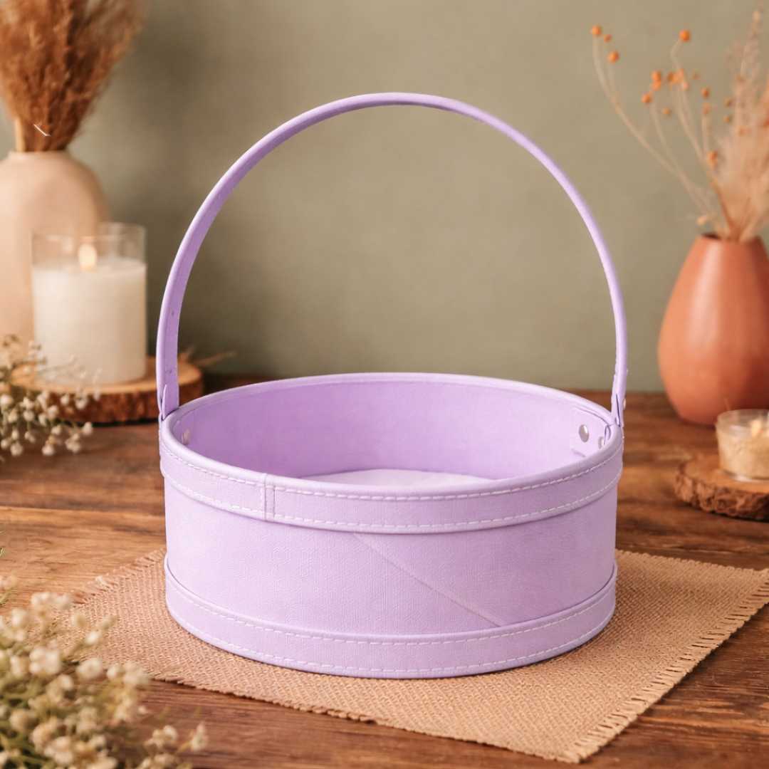 Purple vegan leather hamper basket with round handle for wedding hampers, trousseau packing and gift hamper packaging