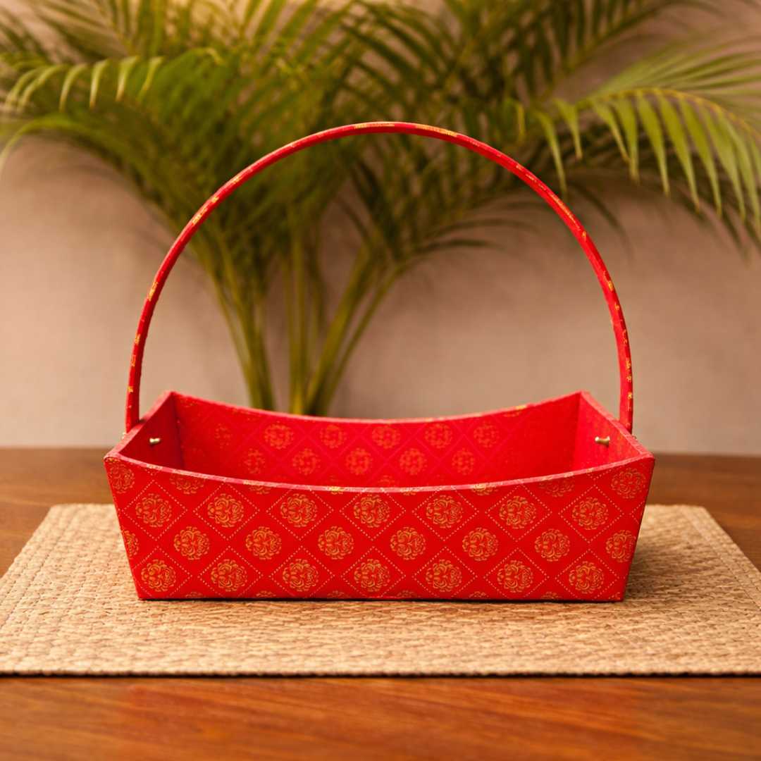 Red brocade gift hamper basket with handle for wedding hampers