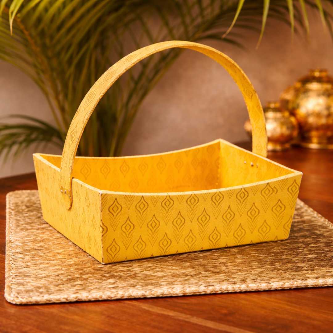 Brocade yellow hamper basket with handle for wedding hampers and festive gifting