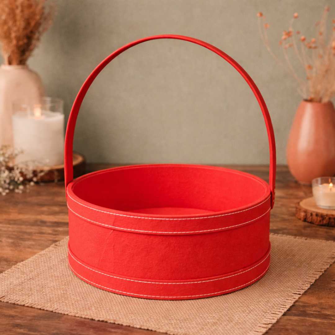 Red vegan leather hamper basket with round handle for wedding hampers trousseau packing and gift hamper packaging