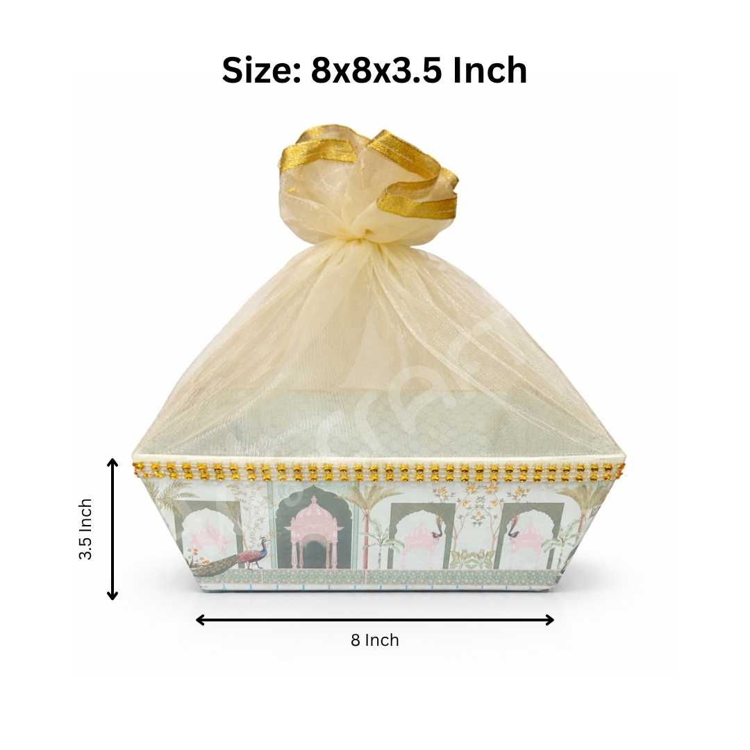 pichwai net hamper basket with gold lace and net cover for wedding hampers and trousseau packing