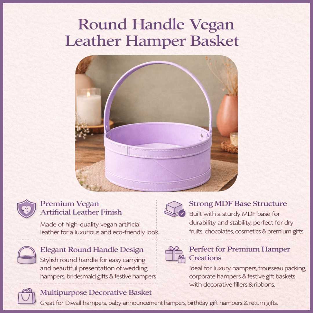 Round handle purple vegan leather hamper basket premium gift hamper base for wedding hampers and festive gifting