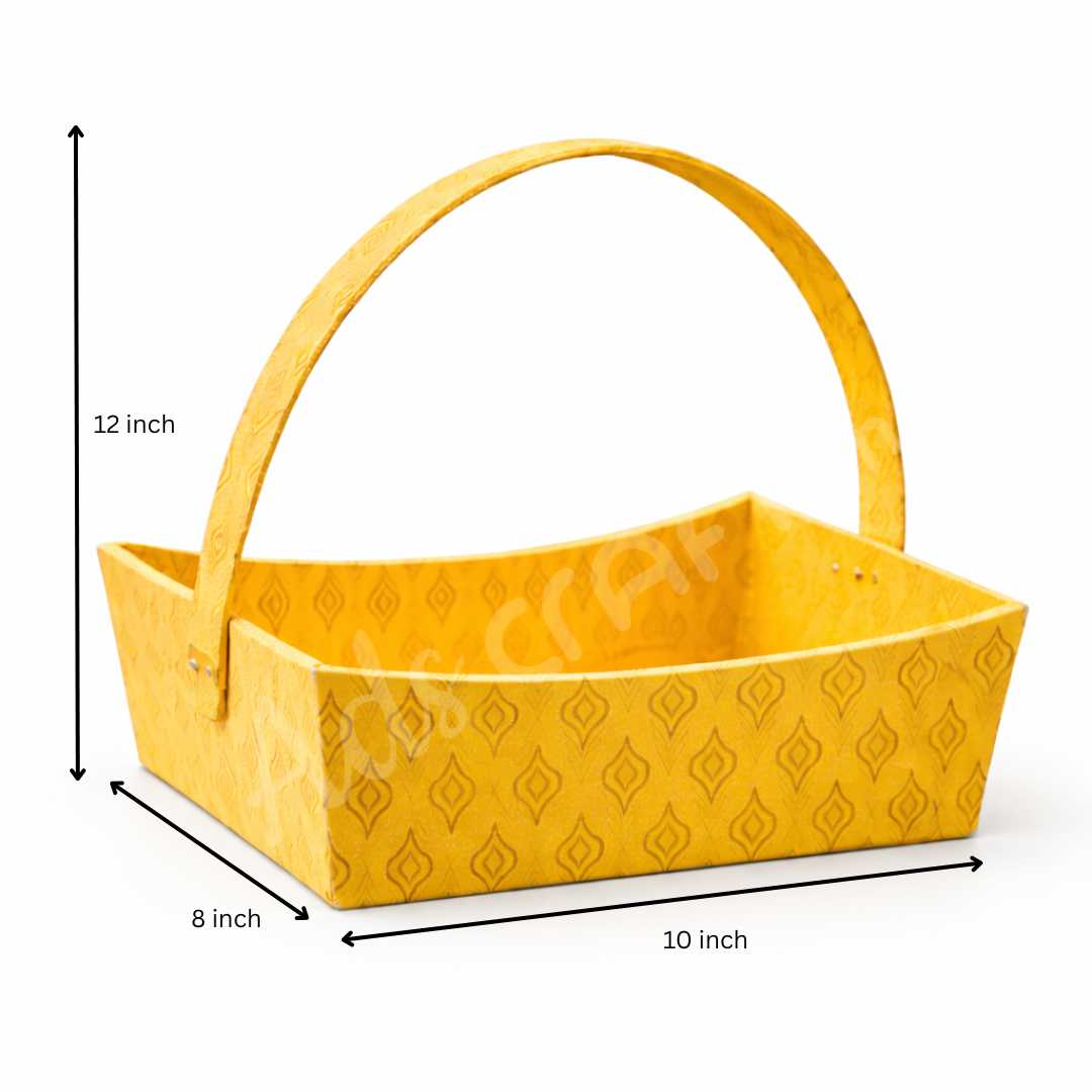 Decorative yellow brocade gift basket for trousseau packing and return gift hampers