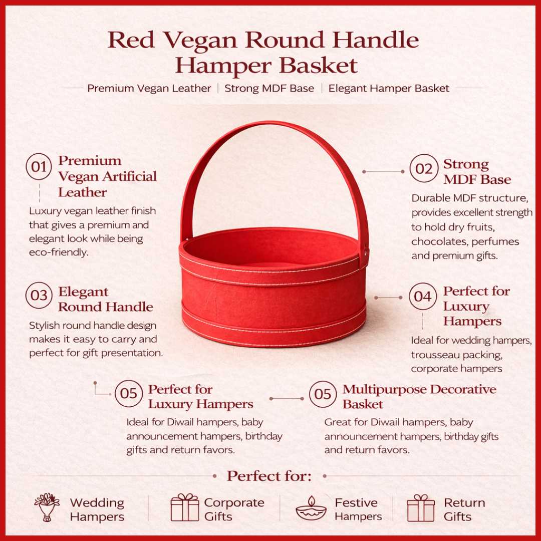 Red round handle vegan leather hamper basket premium gift hamper base for wedding hampers corporate gifting and festive hampers
