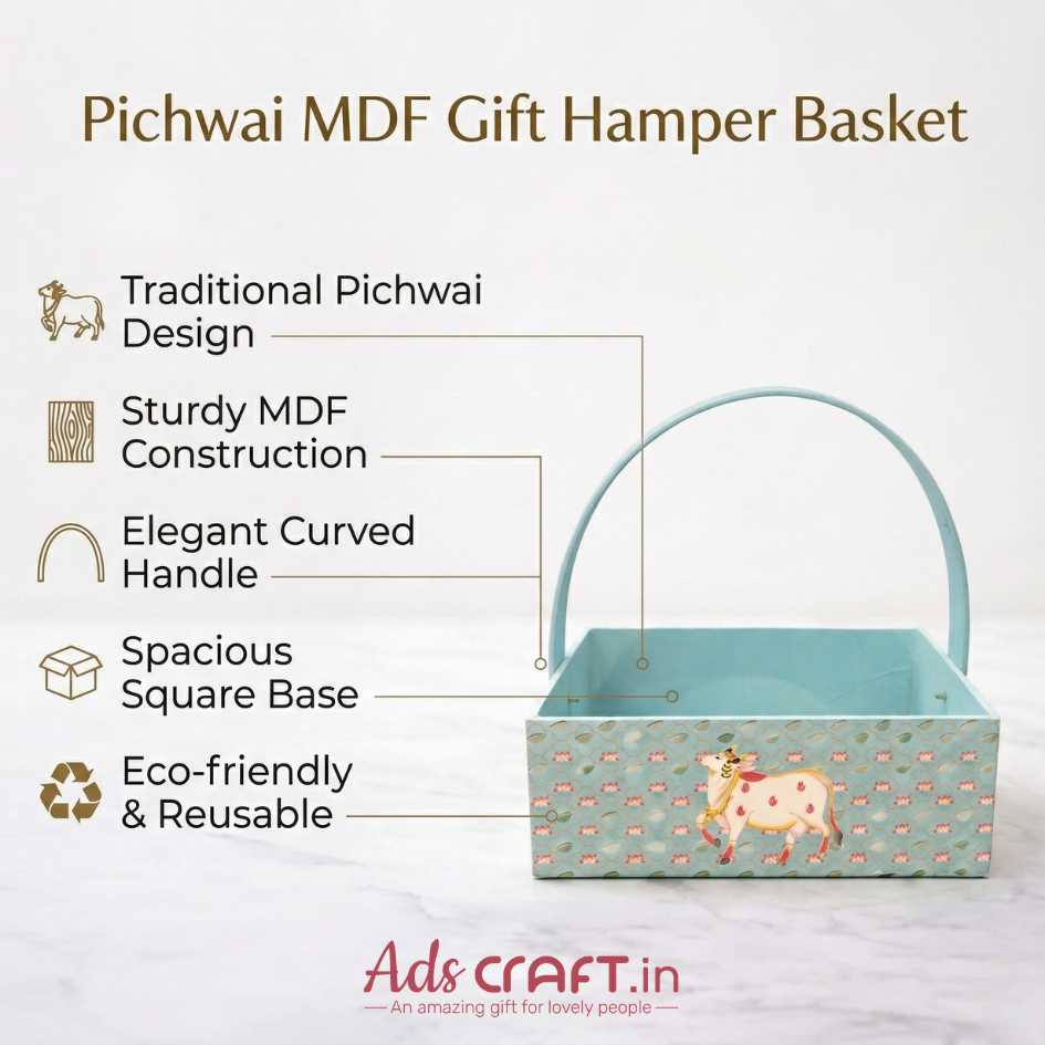 Pichwai MDF Gift Hamper Basket with features listed on a white background