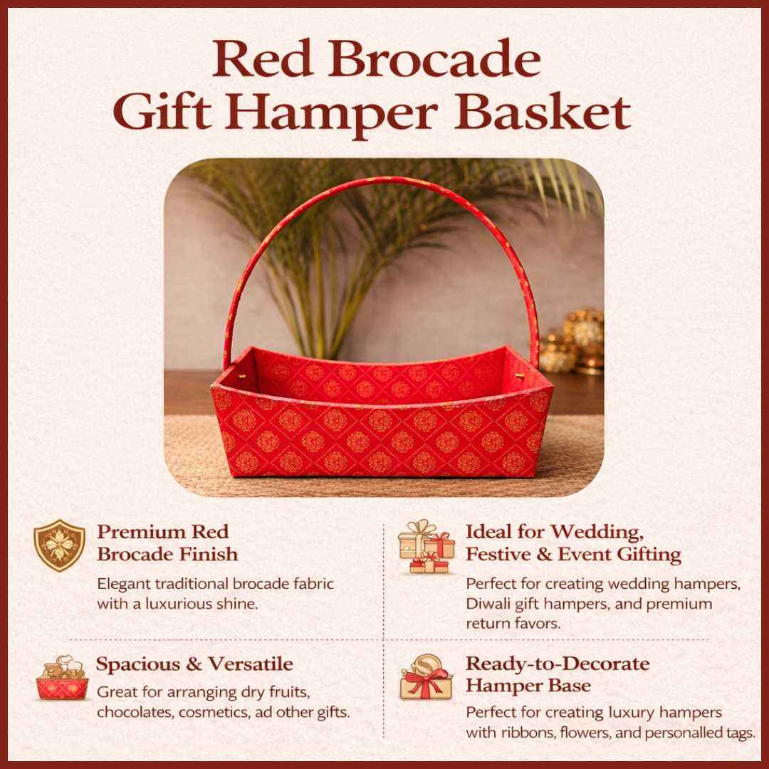 (Set of 3) Red Brocade Gift Hamper Basket with Handle  – 10x8x12 Inch Basket