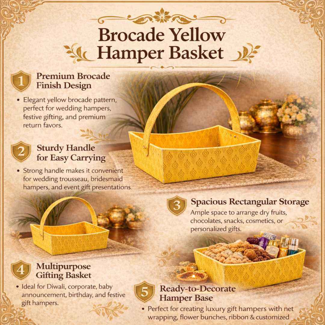 (Set of 3) Brocade Yellow Hamper Basket with Handle – 10x8x12 Inch Decorative Basket for Wedding Hampers, Trousseau Packing & Festive Gift Hampers