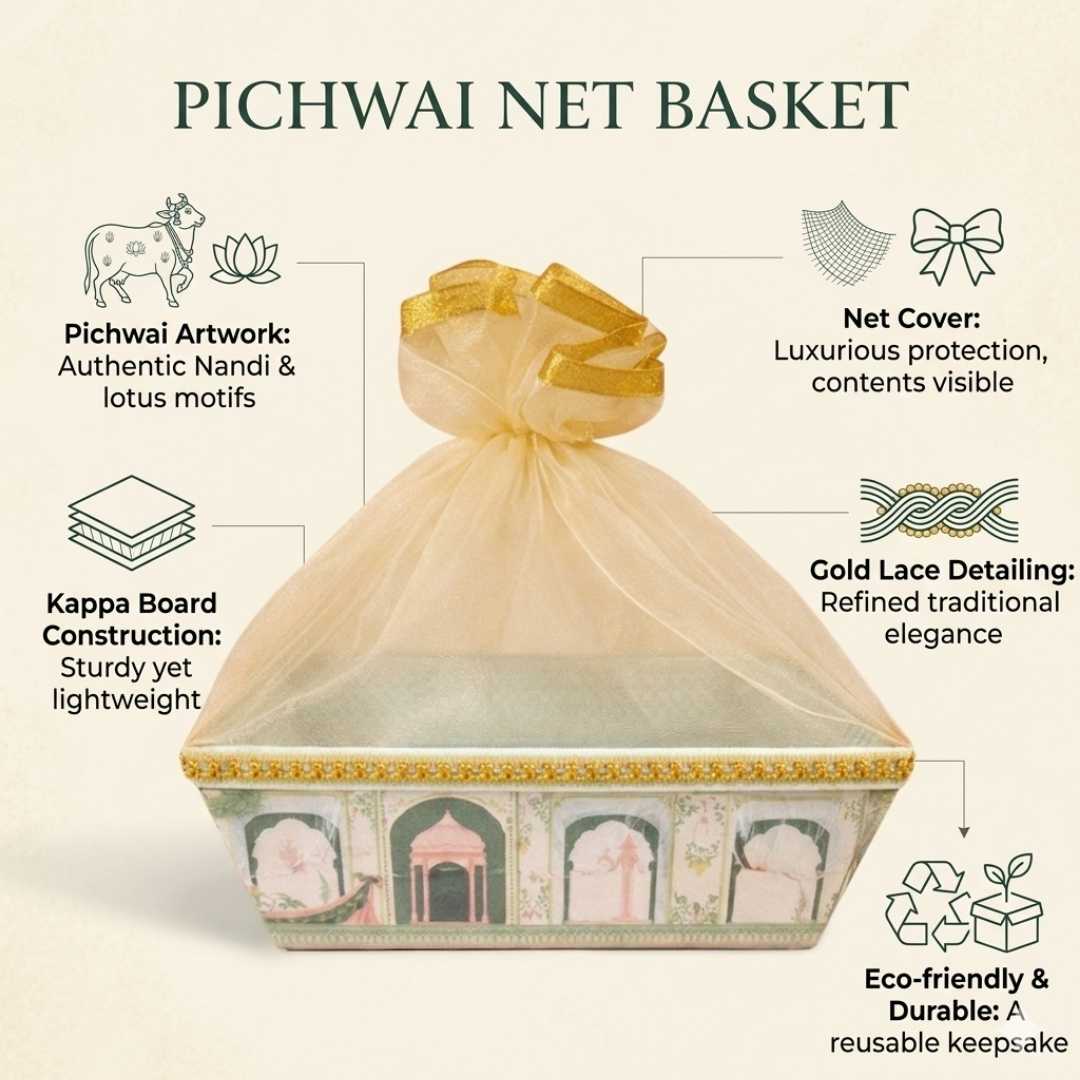 pichwai hamper basket size 8x8 inch with net cover decorative gift hamper basket