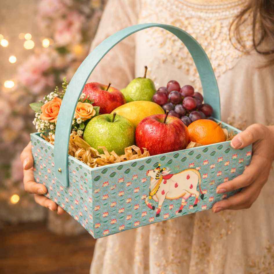 (Set of 3) Pichwai Design MDF Gift Hamper Basket with Handle  – 10x8x12 Inch Decorative Basket for Wedding Hampers, Trousseau Packing & Festive Gifting