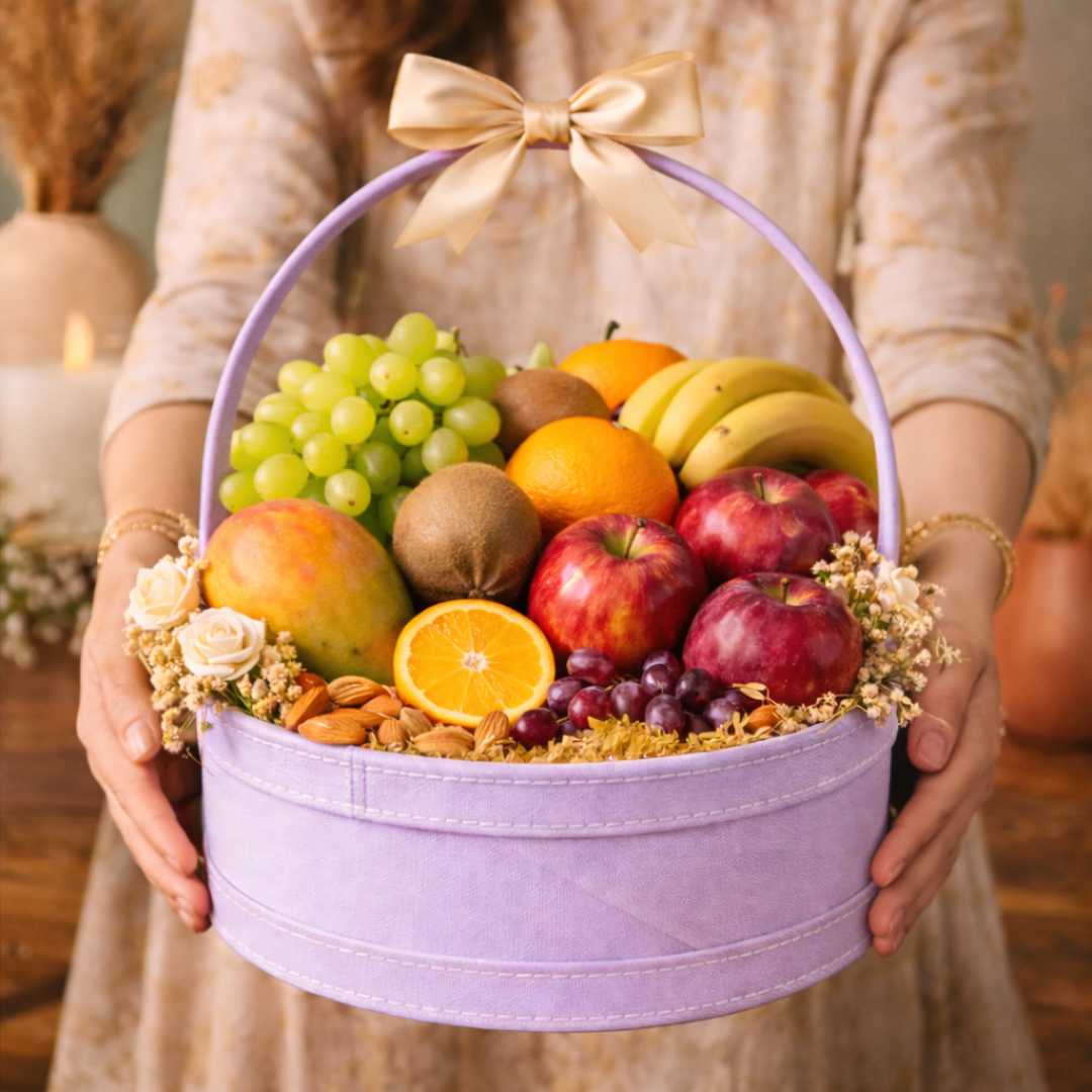 Purple hamper basket with fruits gift arrangement luxury fruit hamper basket for festive gifting and wedding hampers