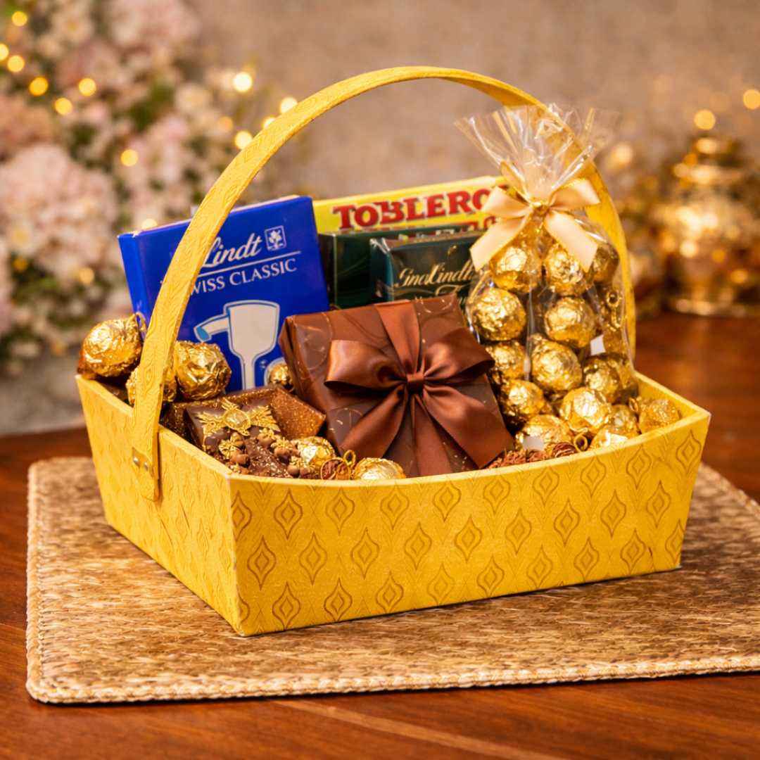 (Set of 3) Brocade Yellow Hamper Basket with Handle – 10x8x12 Inch Decorative Basket for Wedding Hampers, Trousseau Packing & Festive Gift Hampers