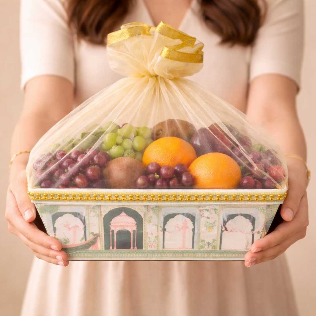 pichwai hamper basket size 8x8 inch with net cover decorative gift hamper basket