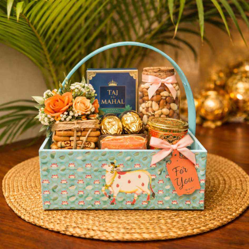 (Set of 3) Pichwai Design MDF Gift Hamper Basket with Handle  – 10x8x12 Inch Decorative Basket for Wedding Hampers, Trousseau Packing & Festive Gifting