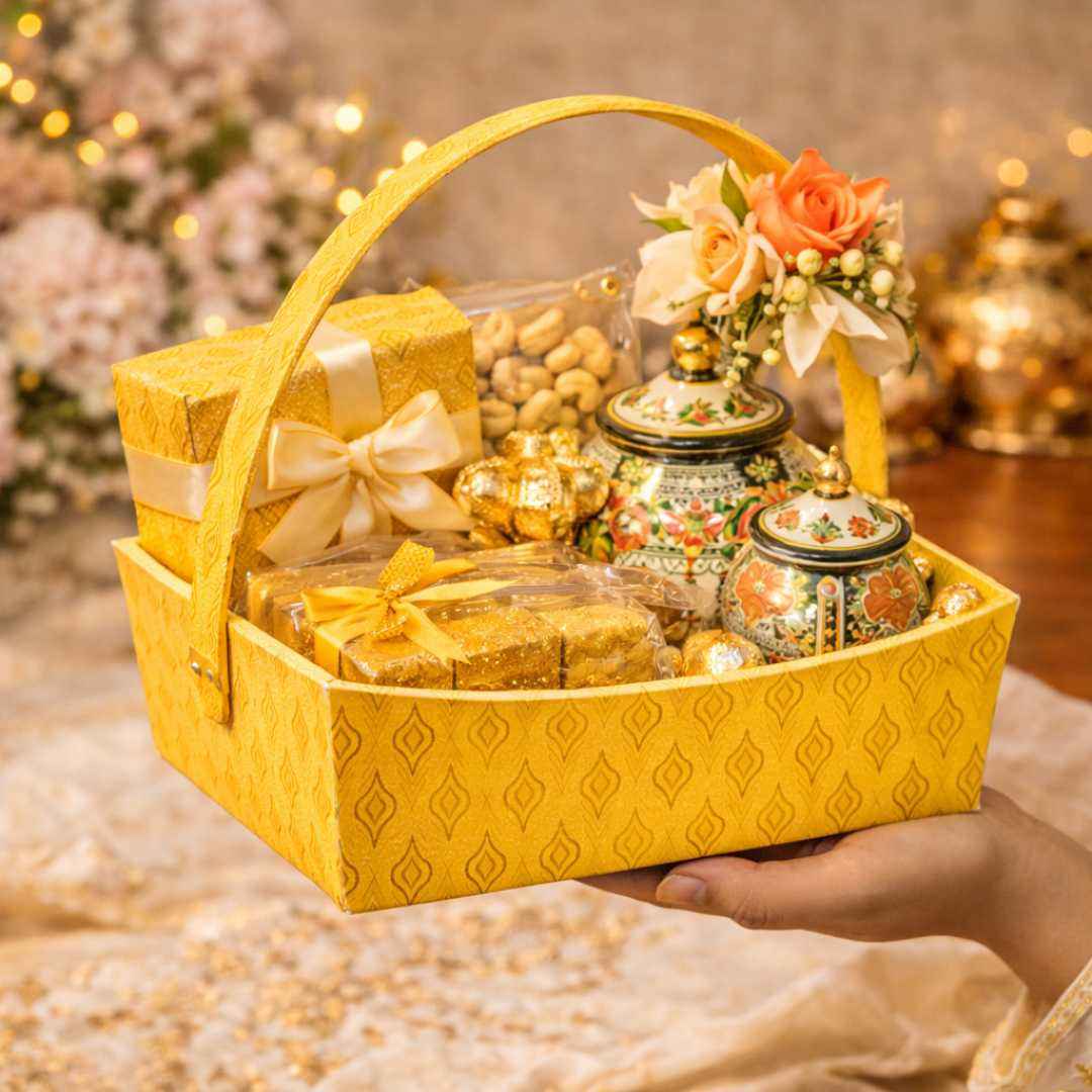 (Set of 3) Brocade Yellow Hamper Basket with Handle – 10x8x12 Inch Decorative Basket for Wedding Hampers, Trousseau Packing & Festive Gift Hampers