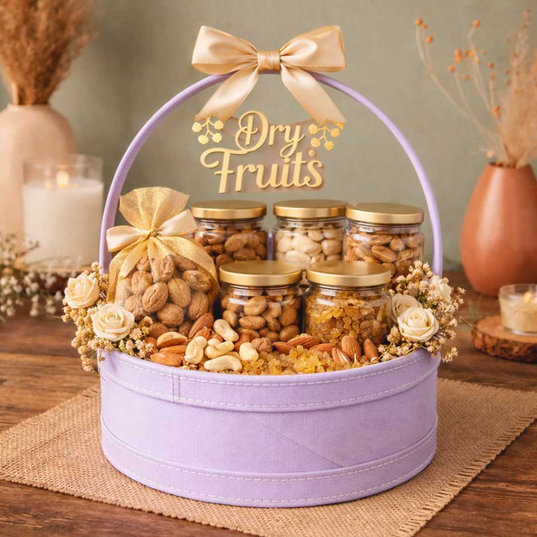 Purple hamper basket with handle for wedding hampers trousseau packing dry fruit hampers and gift packaging