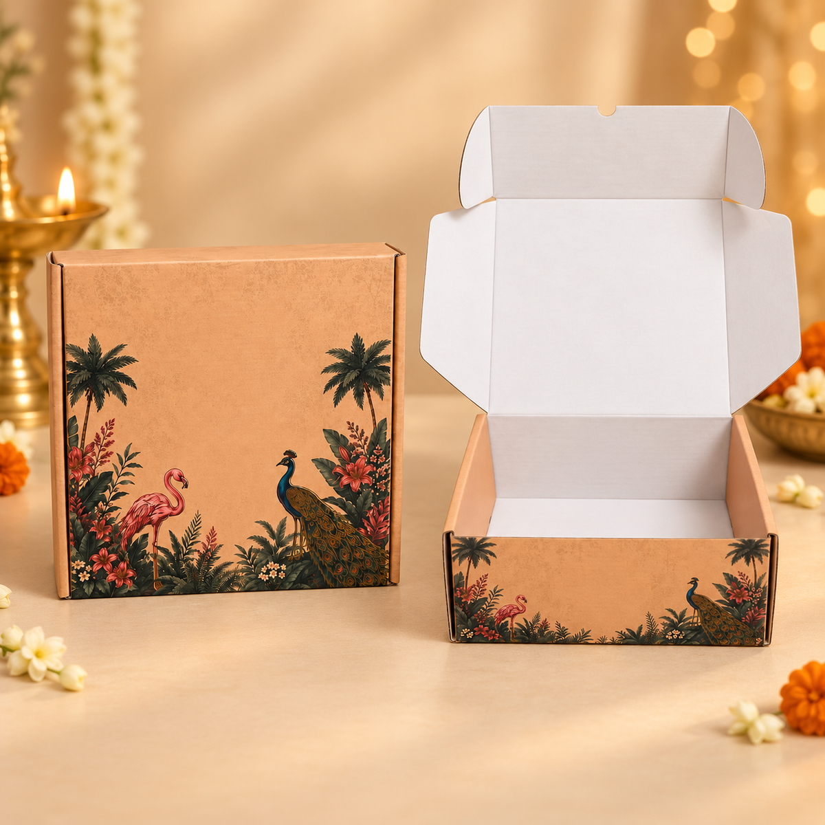 Open Peacock Printed corrugated hamper box for festive gifts, dry fruits, sweets and corporate hampers