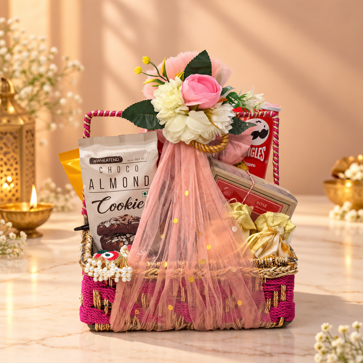 Open Raffia Luxe Diwali hamper with dry fruit potlis, Farmley makhana, cookies, brittle, party mix and aroma diffuser