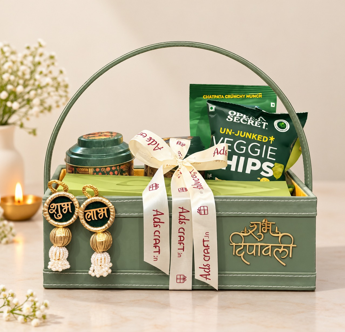Open Sage Luxe Diwali hamper with peacock dry fruit tins, Open Secret veggie chips, millet namkeen and candle set