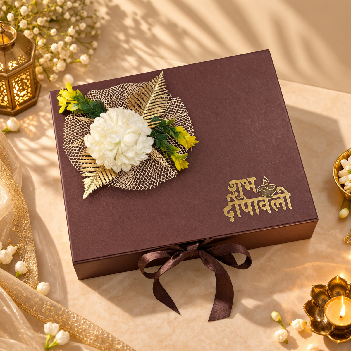 Brown Copper Luxe Diwali hamper with copper glass set, scented candle, millet namkeen, laddoos and festive decor