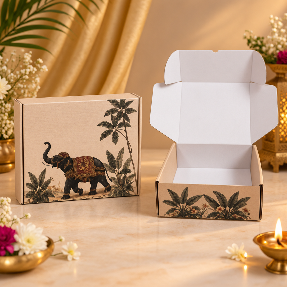 Open Royal Elephant Print corrugated mailer box for festive hampers and premium gift packaging