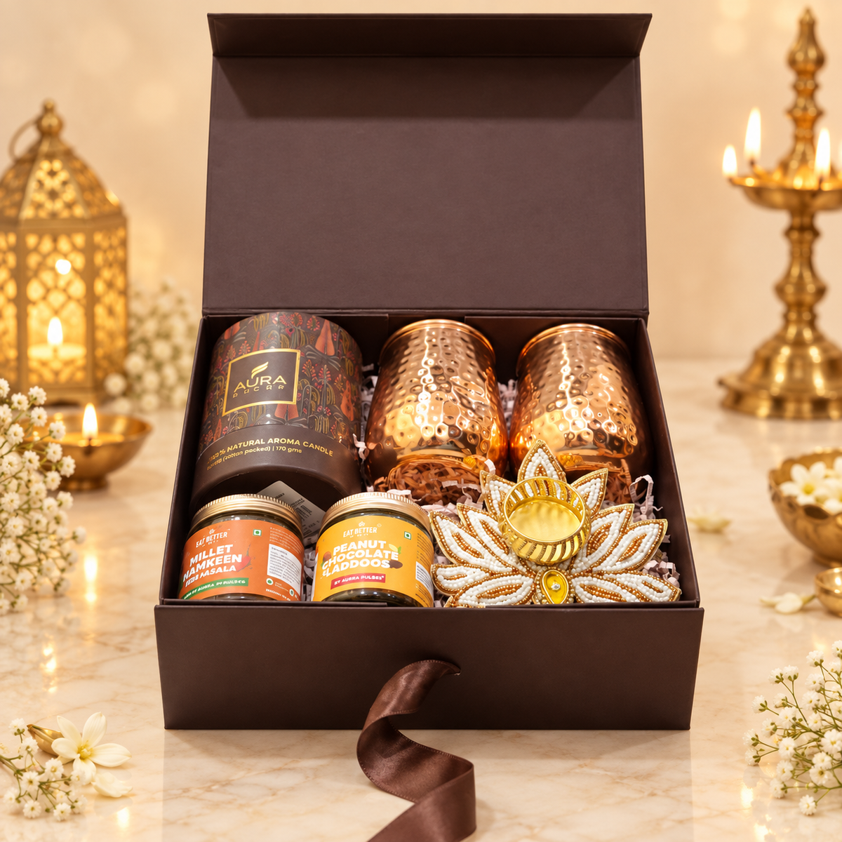 Brown Copper Luxe corporate Diwali hamper with copper gift set, premium candle and custom company logo branding