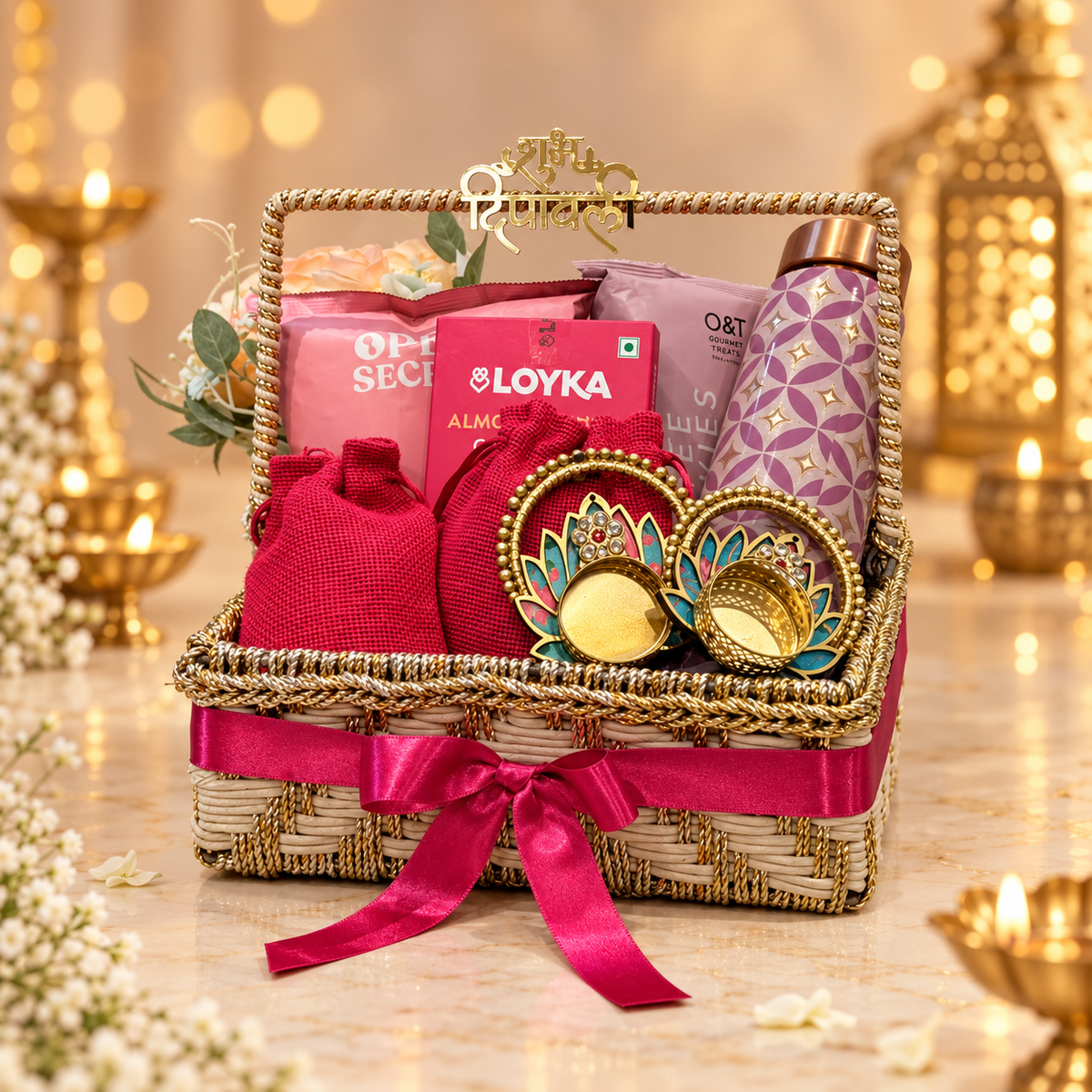 Open Traditional Luxe Diwali hamper with copper bottle, dry fruit potlis, Open Secret namkeen and premium cookies