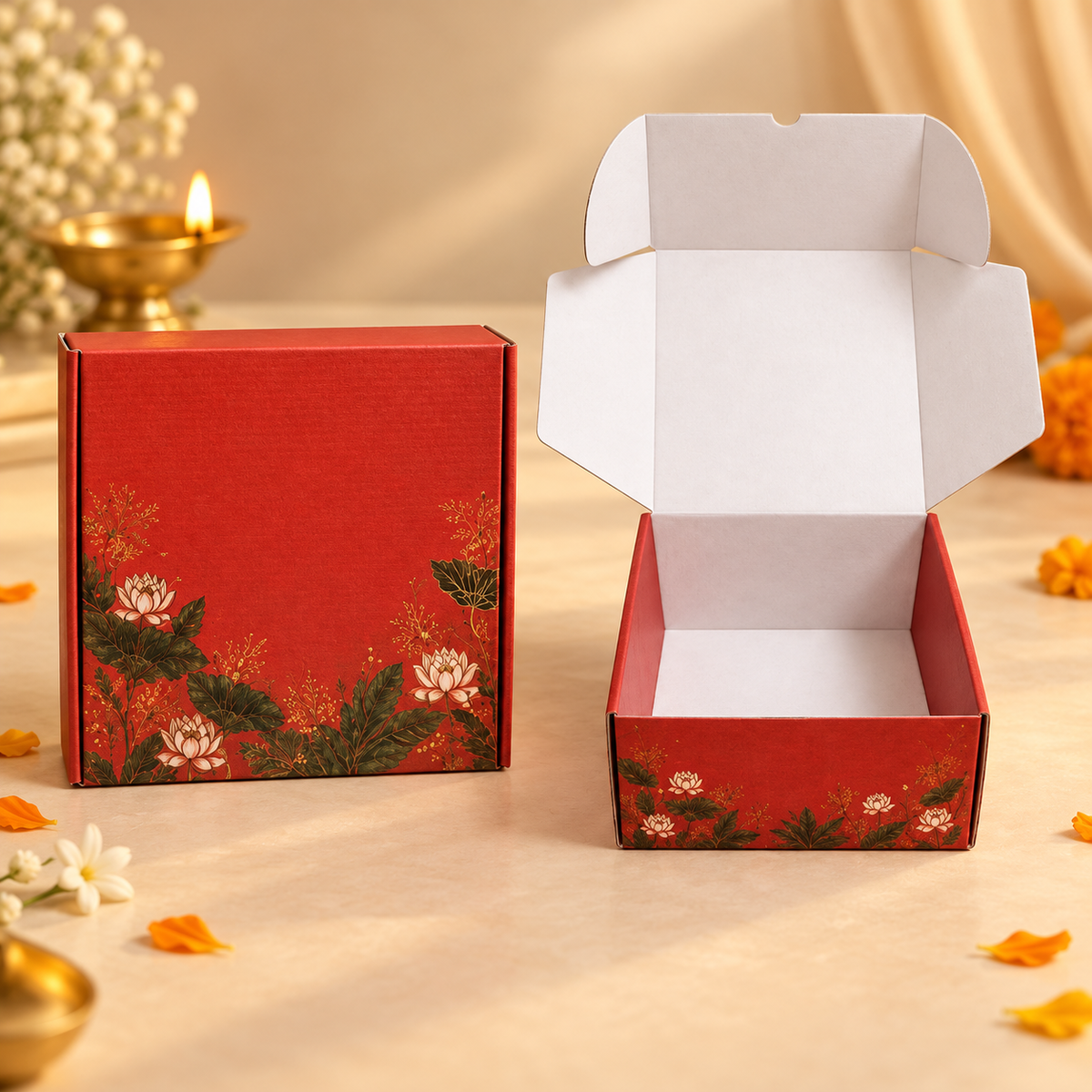 Red Lotus Printed corrugated hamper boxes available in packs of 10, 50 and 100