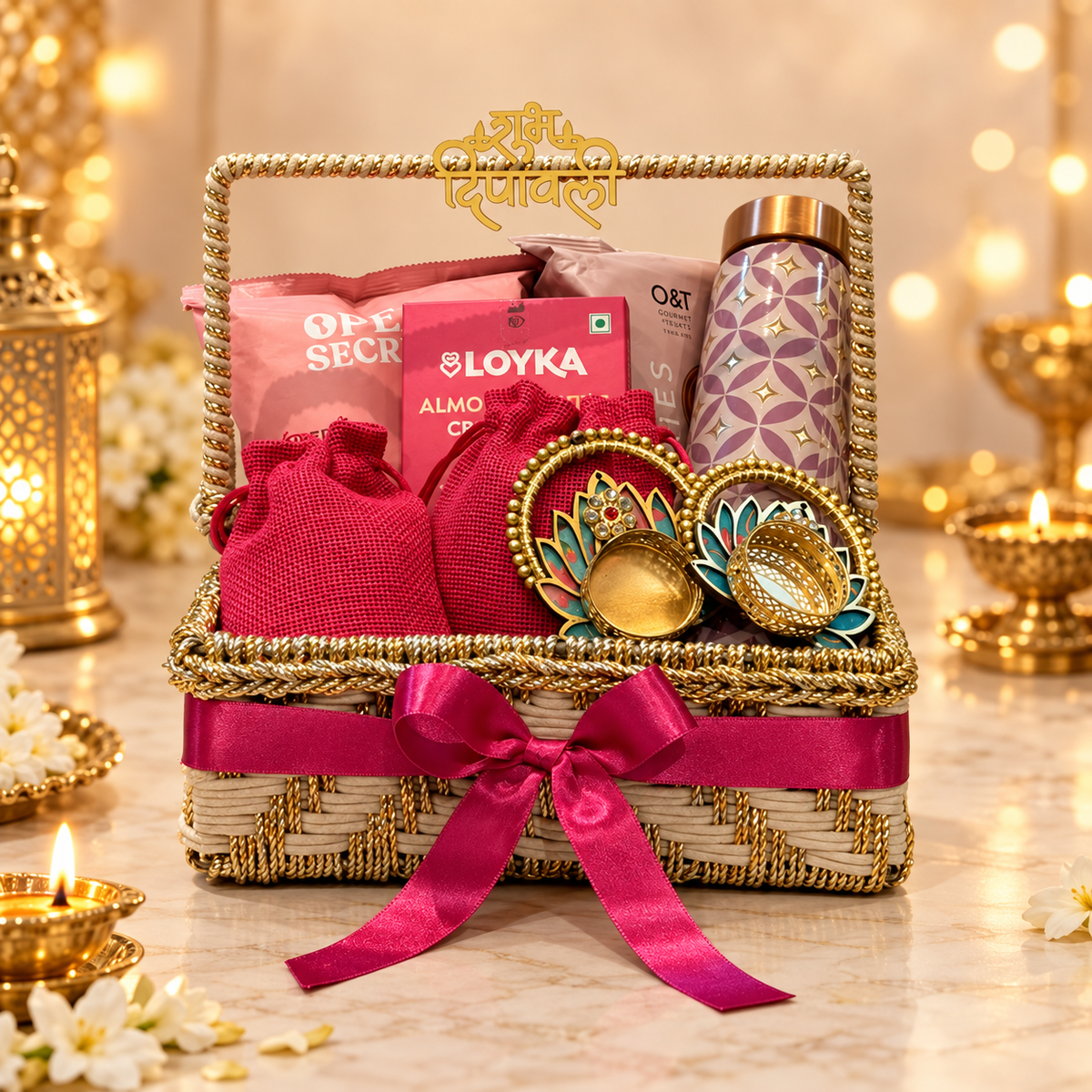 Traditional Luxe Diwali basket with copper bottle, cashews, almonds, premium cookies, almond brittle and festive decor