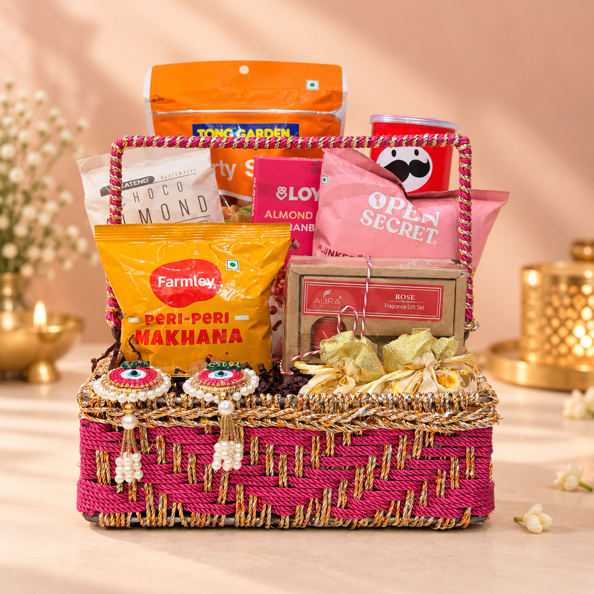 Raffia Luxe Festive Diwali basket with cashews, almonds, makhana, premium snacks, aroma diffuser and Shubh-Labh