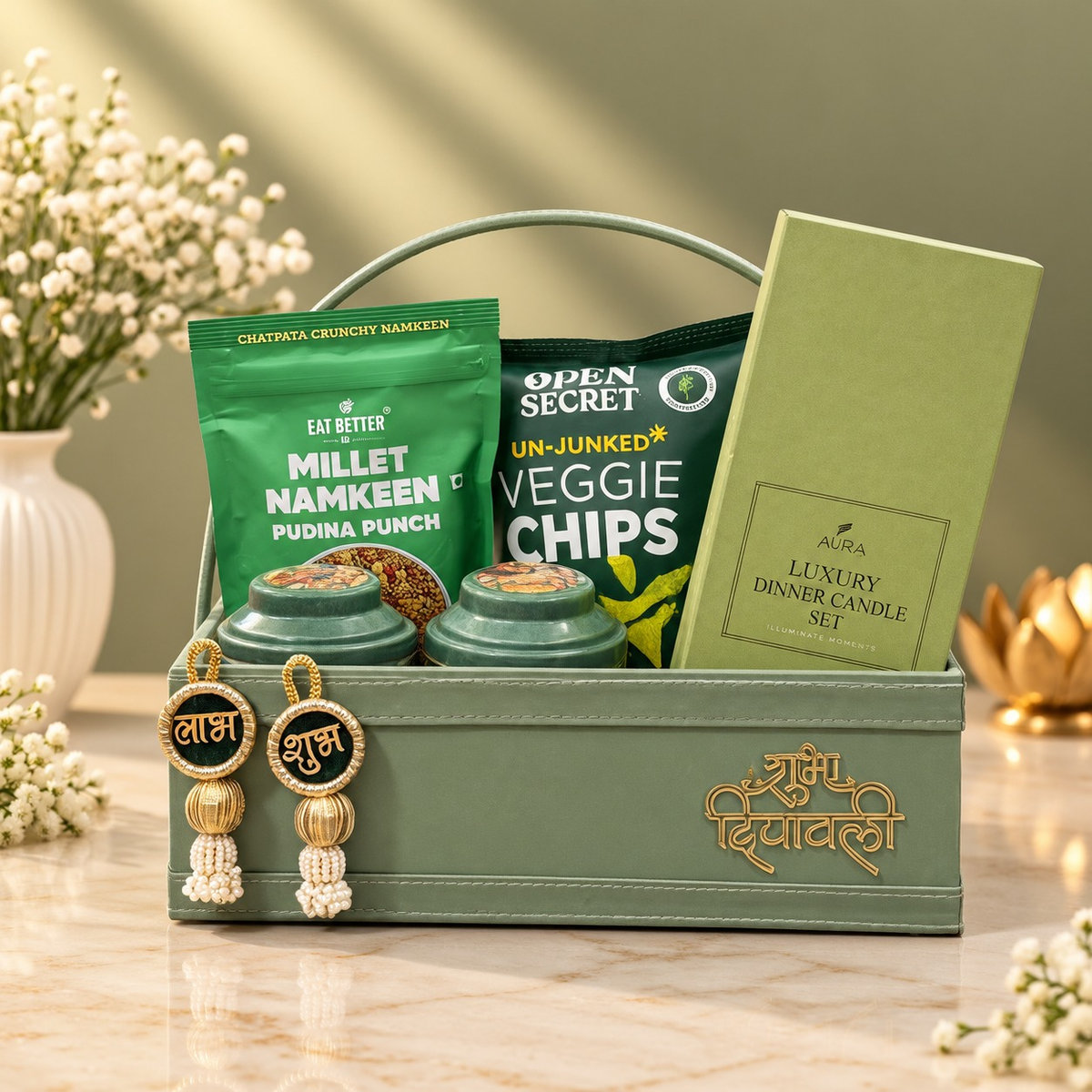 Sage Luxe Diwali hamper with cashews, almonds, premium snacks, luxury candle set and festive decor