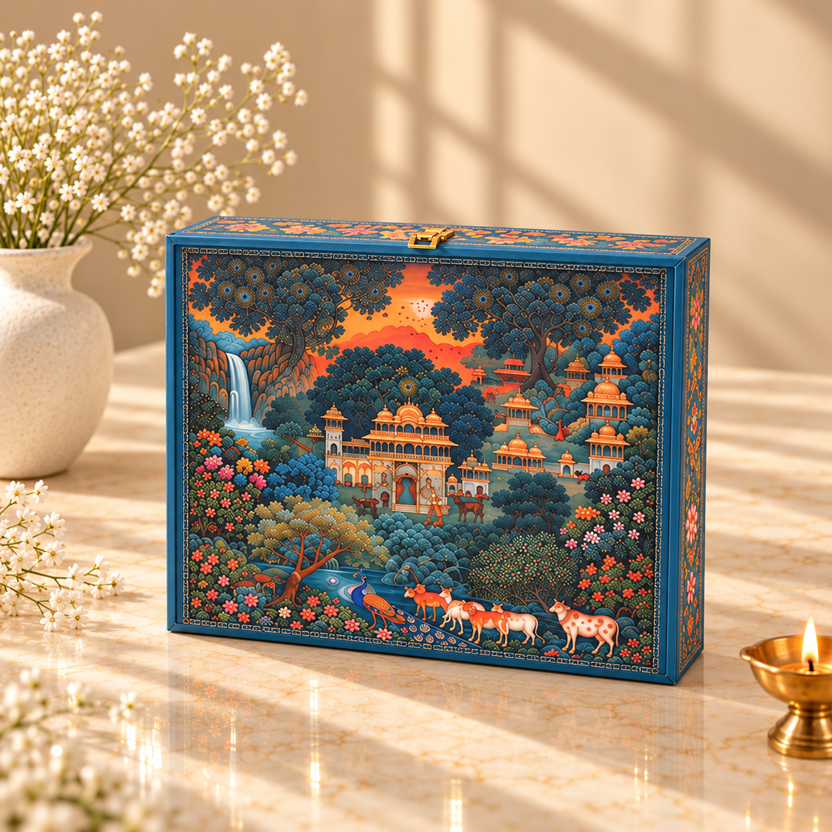 Royal Pichwai Landscape and Palace 4-jar gift box measuring 9.5 x 9.5 x 3.5 inches available in pack of 5