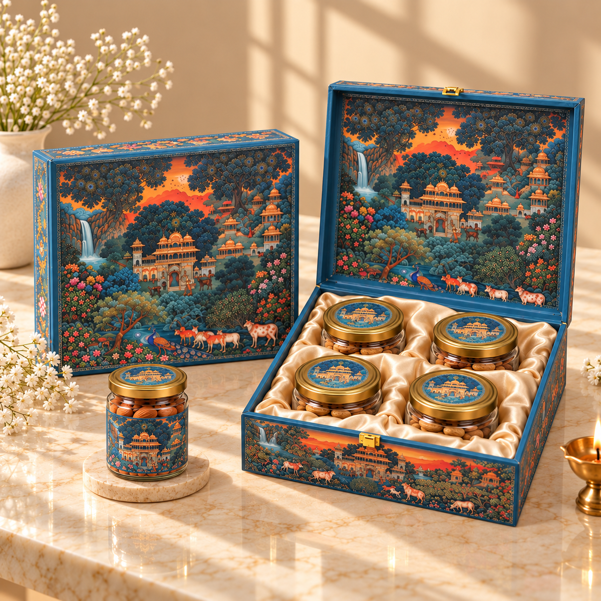 Open Royal Pichwai Landscape and Palace 4-jar gift box for dry fruits, sweets, chocolates and festive gifting