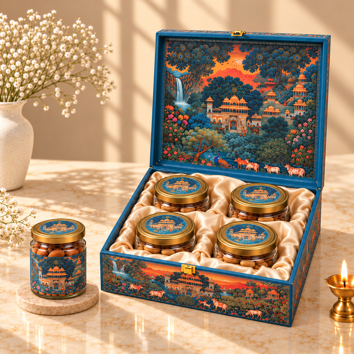 Royal Pichwai Landscape and Palace gift box with four jars for dry fruits, nuts, sweets, mukhwas and chocolates