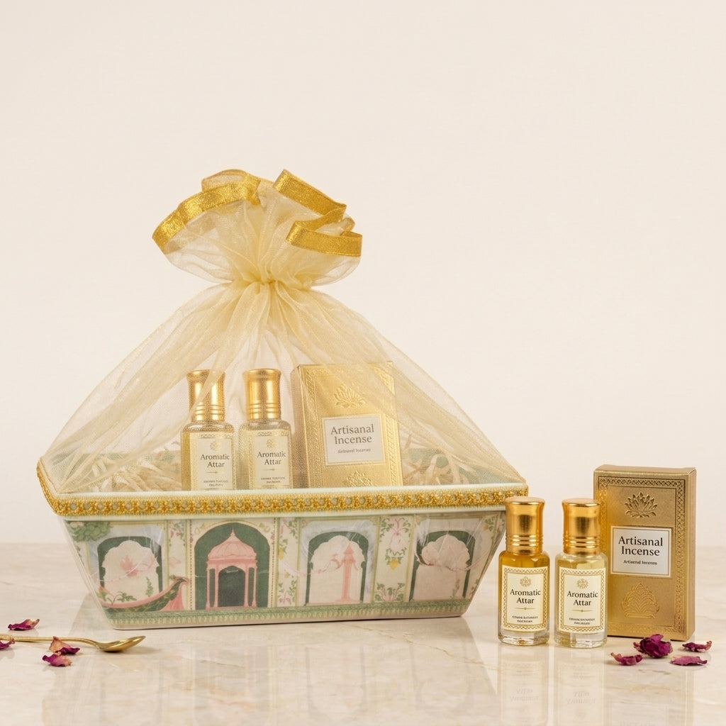 pichwai hamper basket size 8x8 inch with net cover decorative gift hamper basket