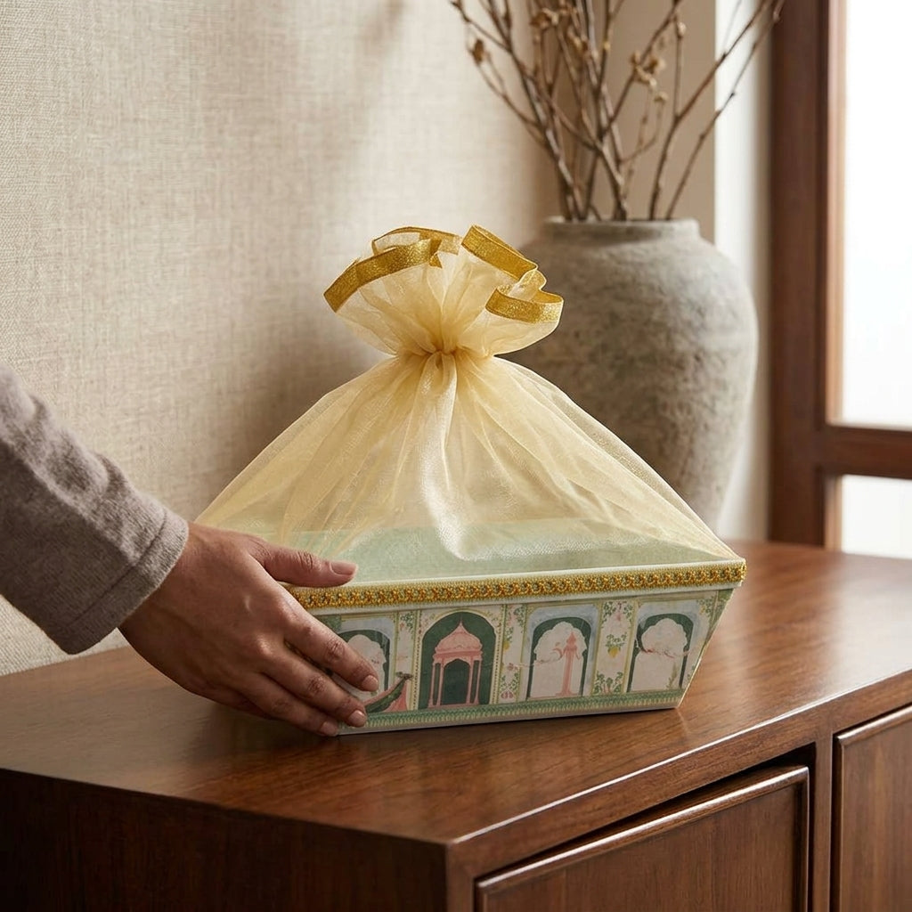 pichwai net hamper basket with gold lace and net cover for wedding hampers and trousseau packing