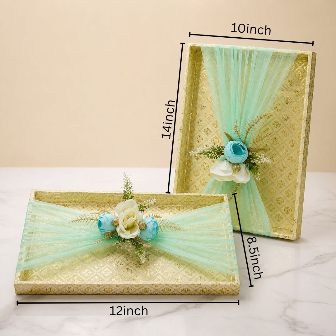 (Set of 2)Premium Mint Green & Gold Decorative Gift Tray Set  – Elegant Net Design with Floral Accent - Adscraft.in