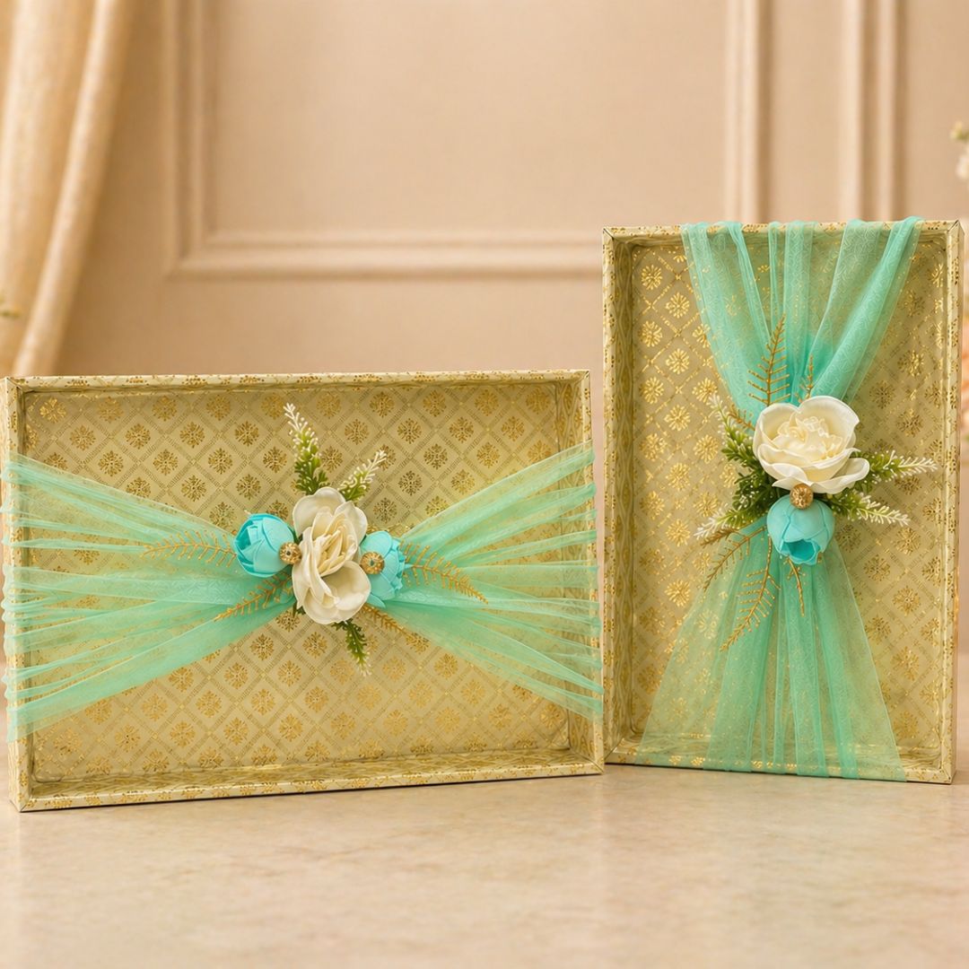 (Set of 2)Premium Mint Green & Gold Decorative Gift Tray Set  – Elegant Net Design with Floral Accent