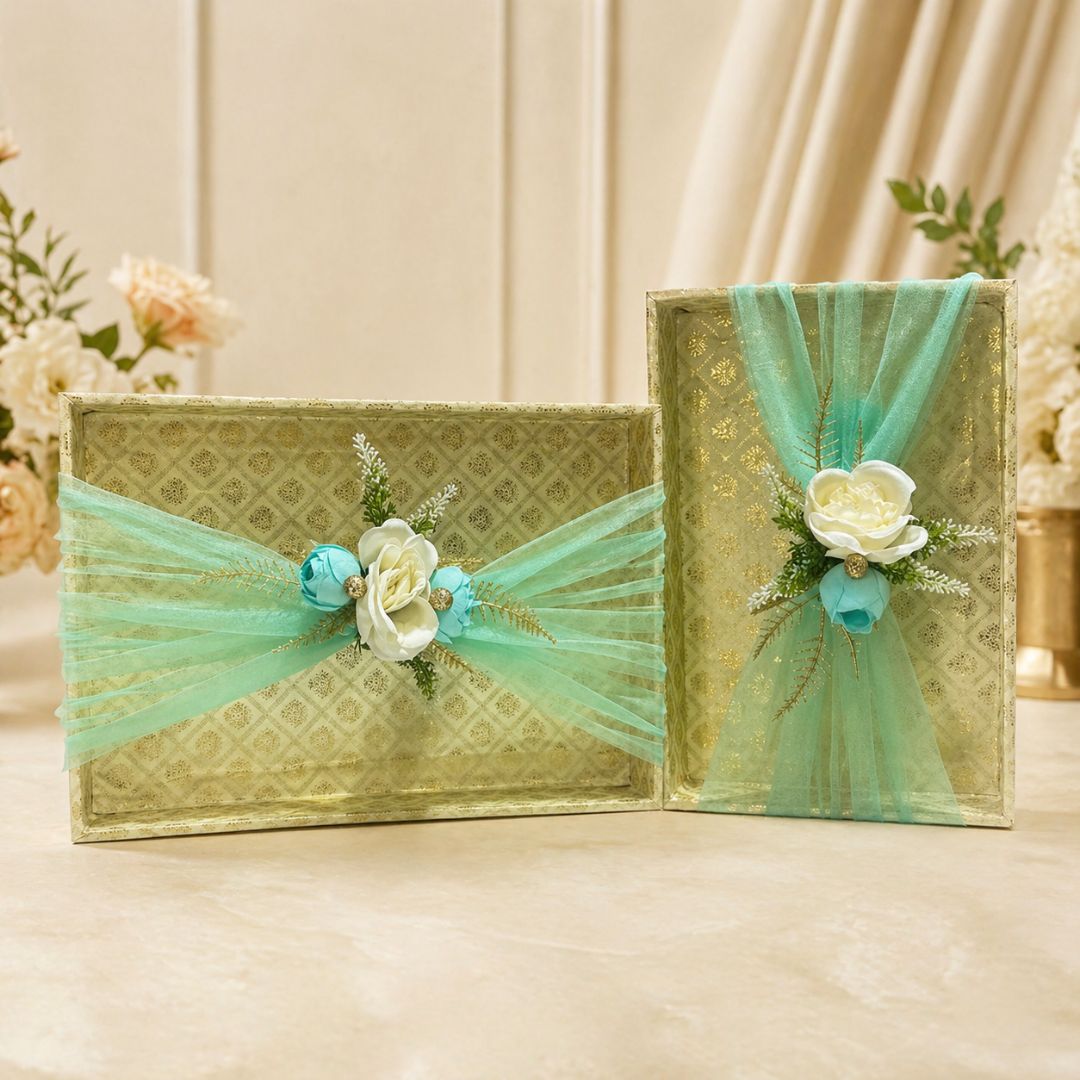 (Set of 2)Premium Mint Green & Gold Decorative Gift Tray Set  – Elegant Net Design with Floral Accent