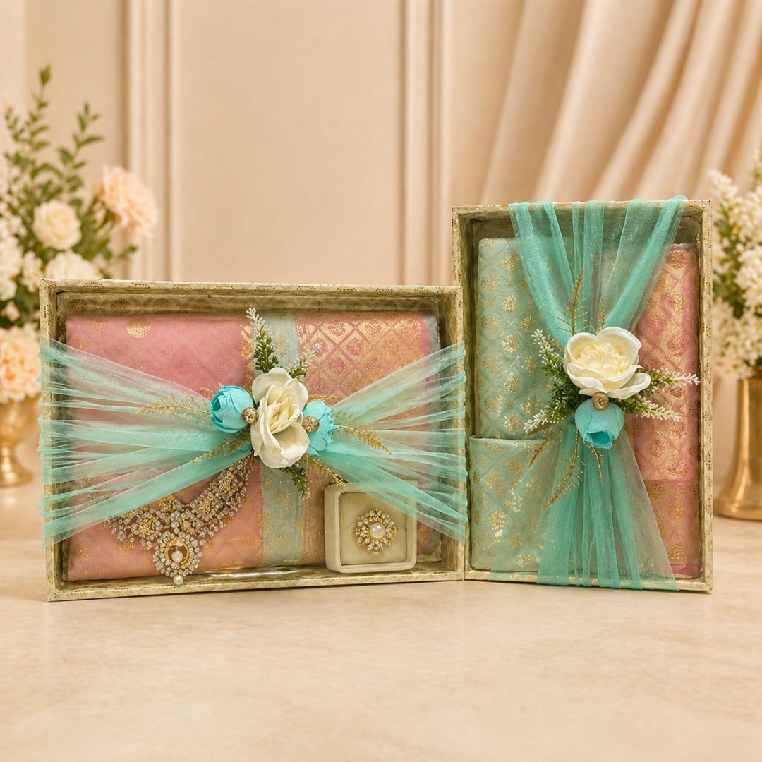 (Set of 2)Premium Mint Green & Gold Decorative Gift Tray Set  – Elegant Net Design with Floral Accent