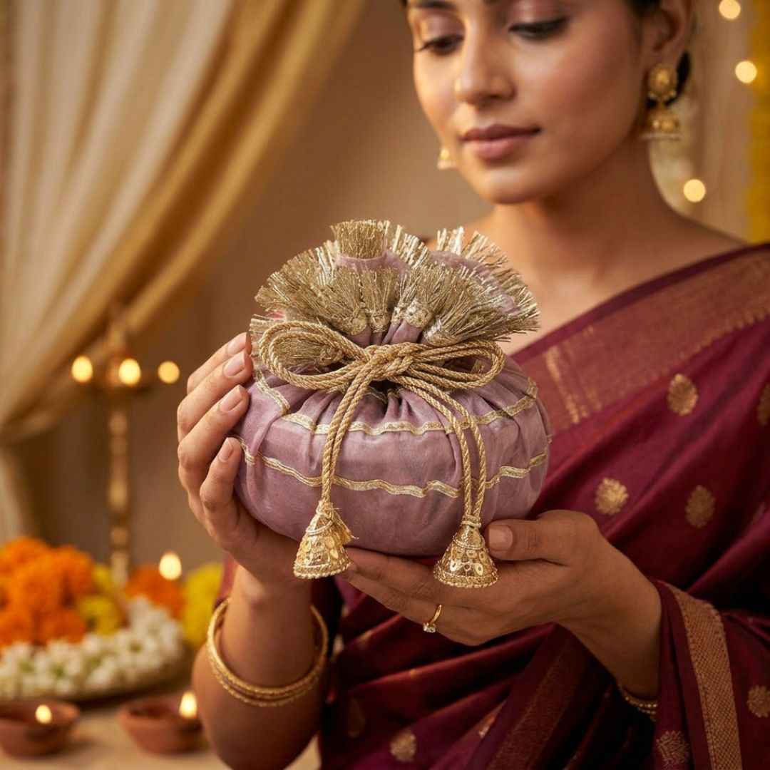 (Set of 5) Premium Wedding Gift Potli Bags for Return Gifts & Festive Gifting