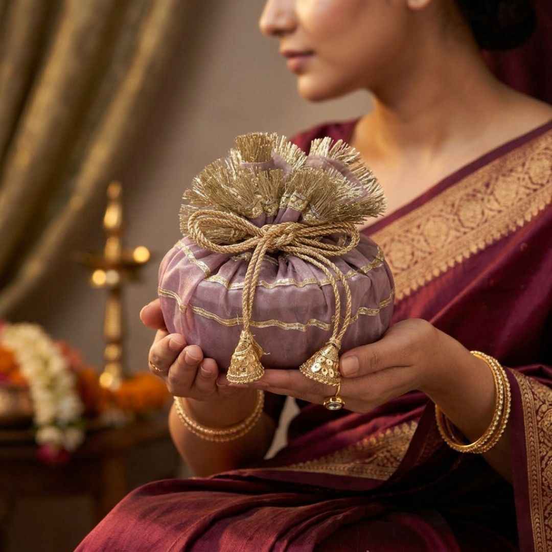(Set of 5) Premium Wedding Gift Potli Bags for Return Gifts & Festive Gifting
