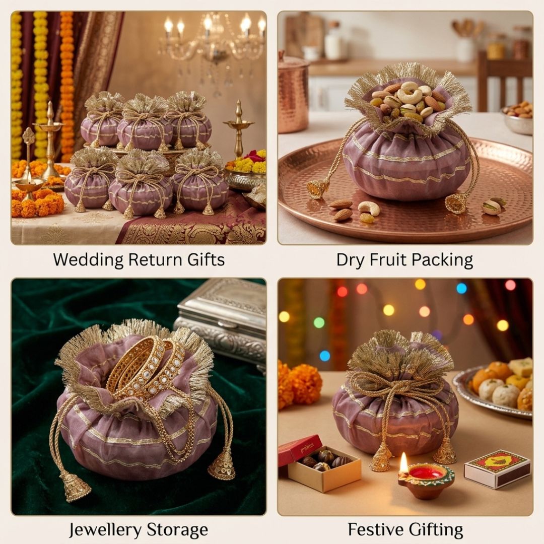 (Pack of 5) Premium Wedding Gift Potli Bags for Return Gifts & Festive Gifting