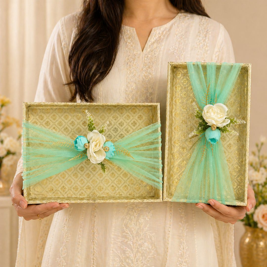 (Set of 2)Premium Mint Green & Gold Decorative Gift Tray Set  – Elegant Net Design with Floral Accent - Adscraft.in