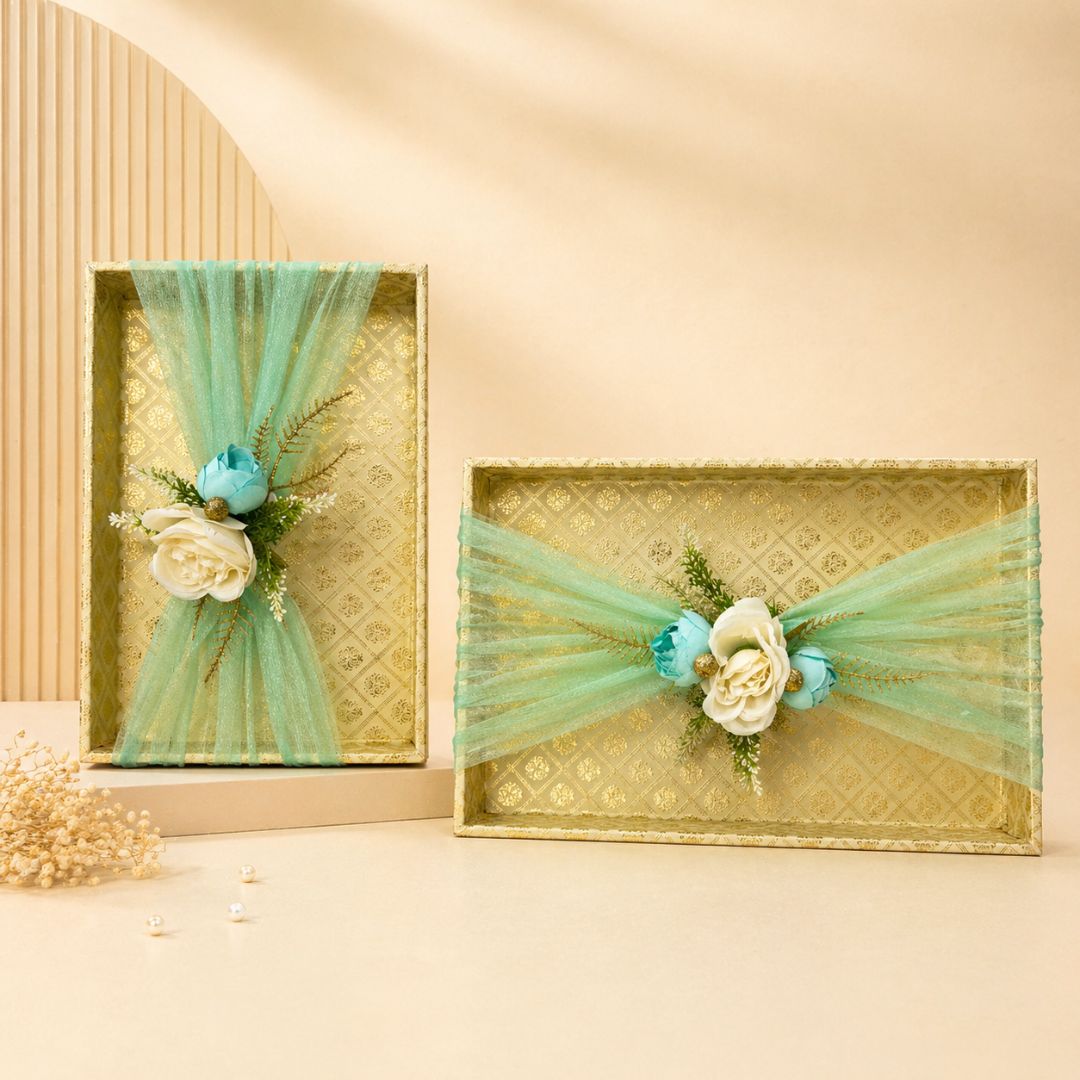 (Set of 2)Premium Mint Green & Gold Decorative Gift Tray Set  – Elegant Net Design with Floral Accent - Adscraft.in