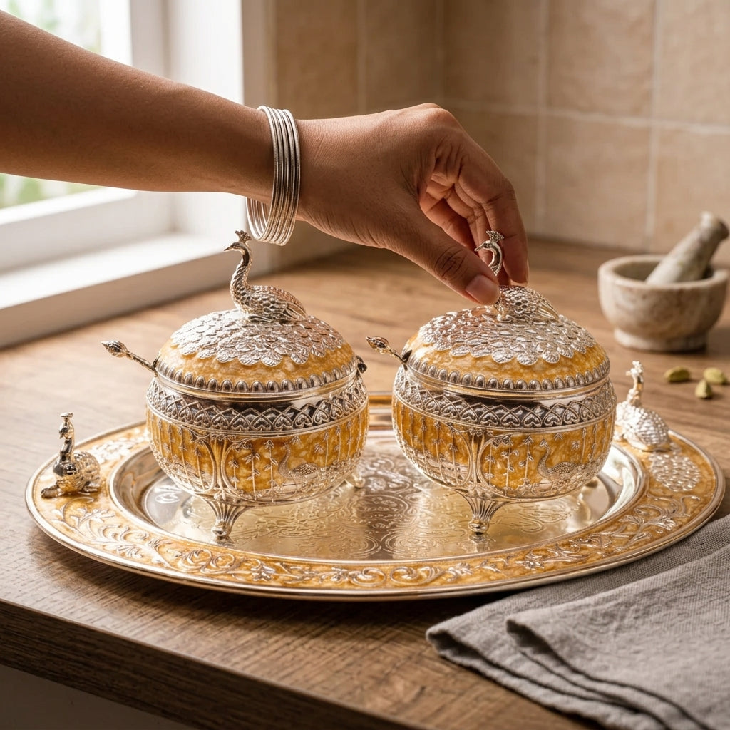 German Silver Sugar Pot Set with Tray | 2 Bowl Designer Set with Lid | Orange Finish | Ideal for Wedding Return Gifts, Festive & Corporate Gifting