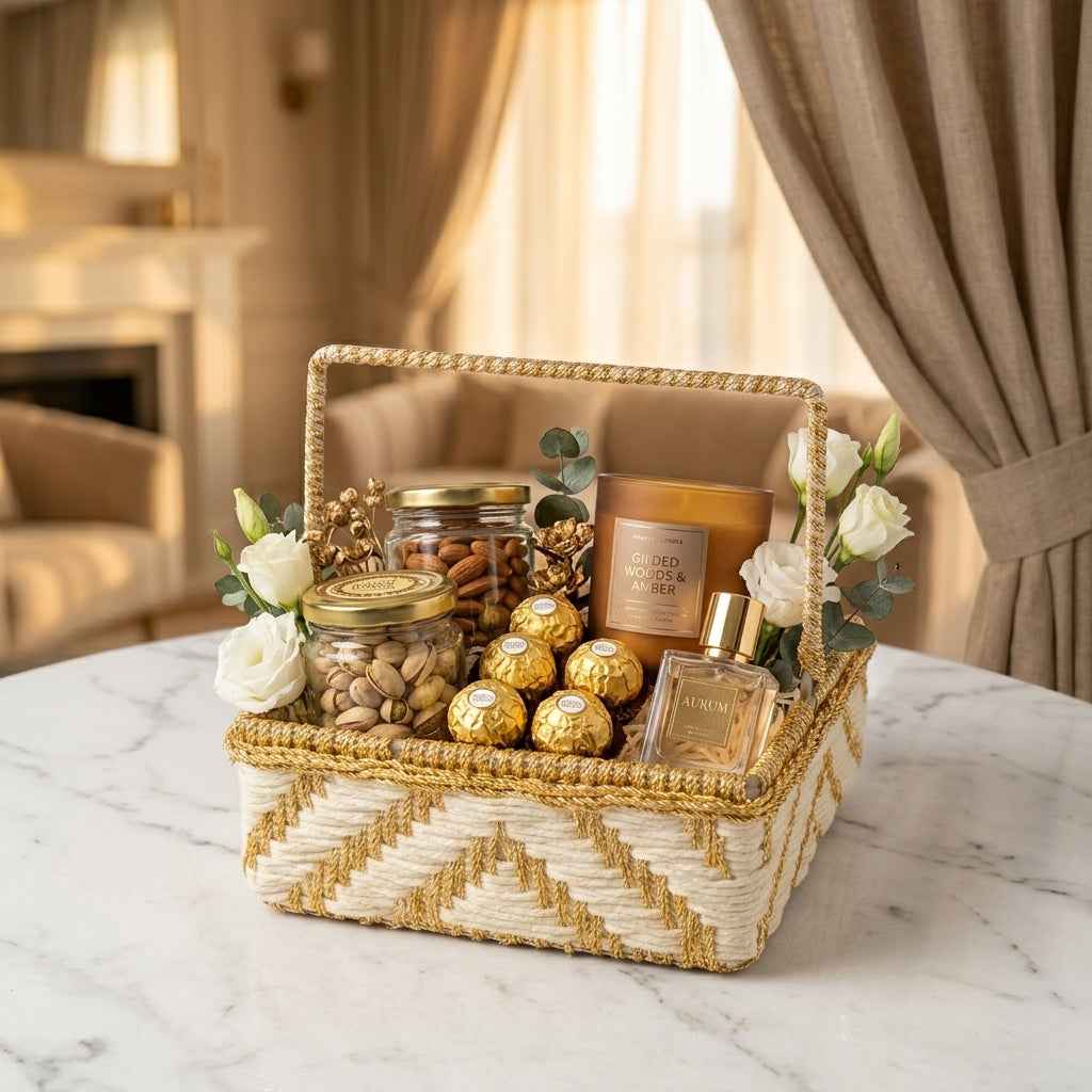 (Set of 3)Premium White & Gold Woven Handle – Luxury Gift Hamper & Trousseau Packing Basket