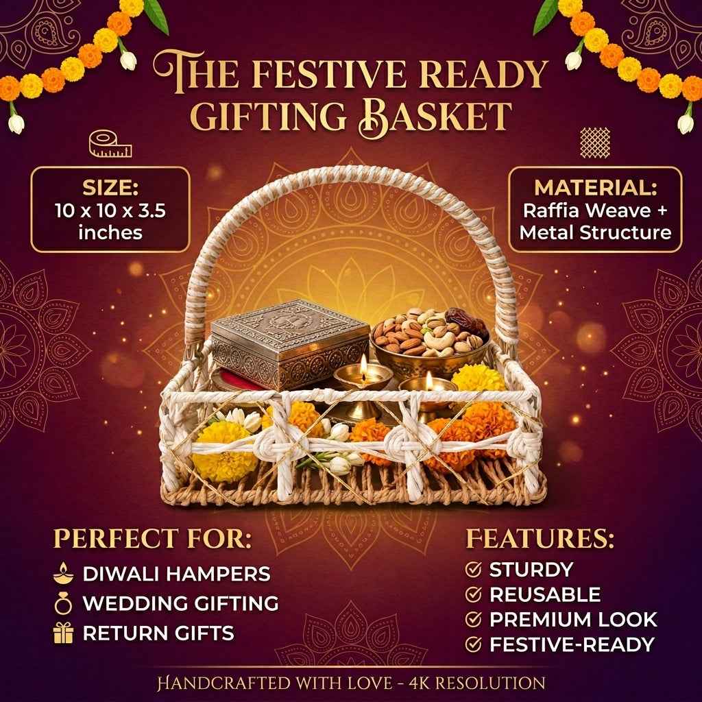 (Set of 3)Premium White & Natural Woven Handle Basket for Wedding Hampers & Trousseau Packing