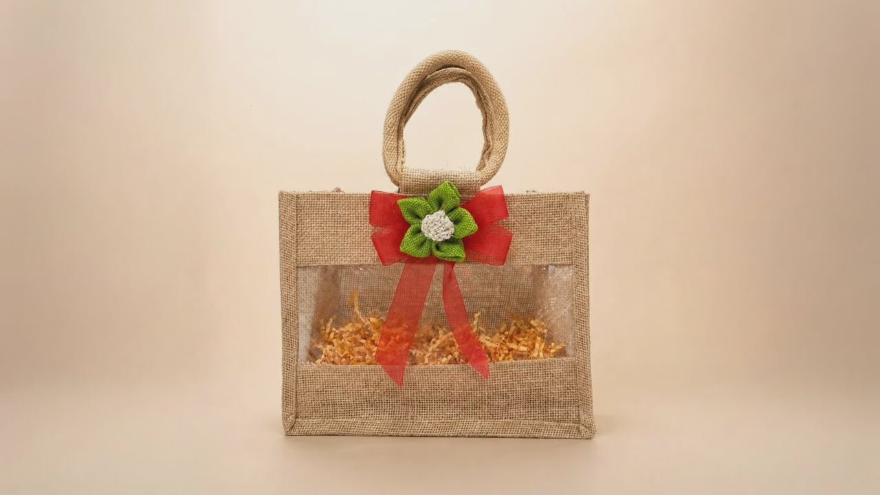 (Set of 5)Premium Jute Window Gift Basket with Handle & Floral Ribbon – 10 x 8 Inches