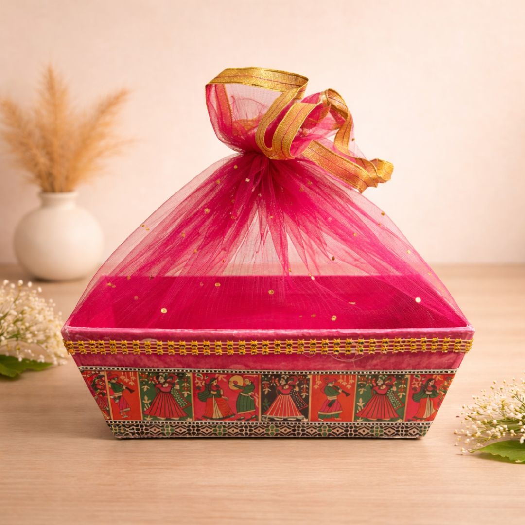 (Pack of 10)Premium Red Net Gift Tray with Folk Art Base – | Wedding Trousseau & Festive Hamper Tray
