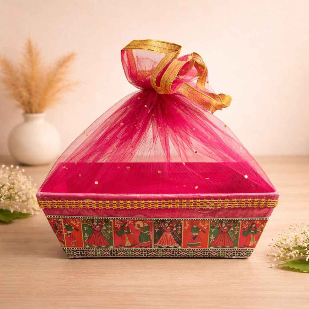 (Pack of 10)(8 x 8)Premium Red Net Gift Tray with Folk Art Base – | Wedding Trousseau & Festive Hamper Tray